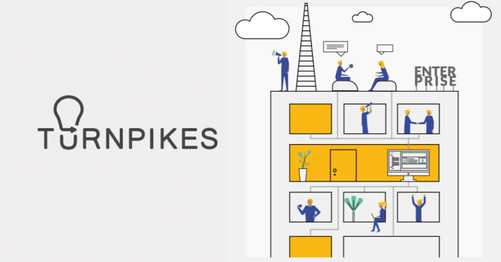 A representation of an enterprise organisation. A building with multiple offices in an illustrative style. Showing Machine Learning as a link and a telescope to represent Optical Character Recognition.